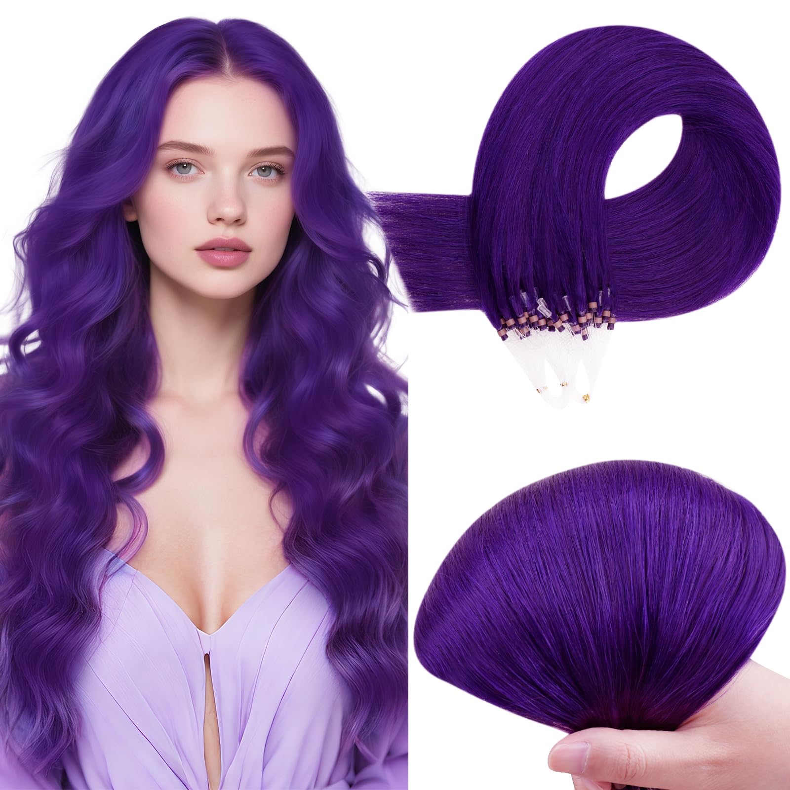 RUNATURE Microlink Hair Extensions Human Hair, Purple Micro Beads Hair Extensions, Purple Hair Eextensions 18 Inch 25g 25s Highlight Natural Hair Full