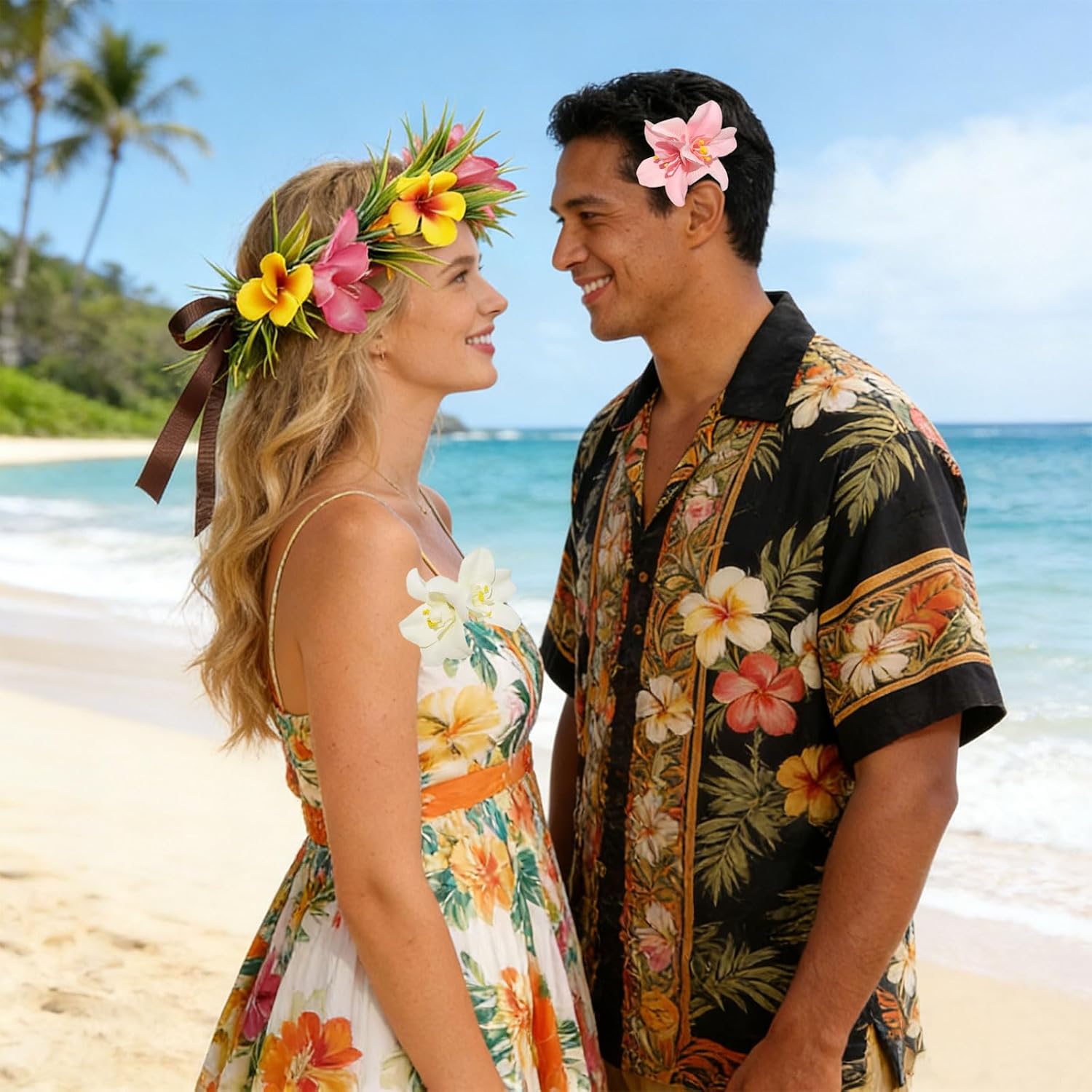 Hawaiian Leis Flower Crown Headband with Ribbon for Women image 2