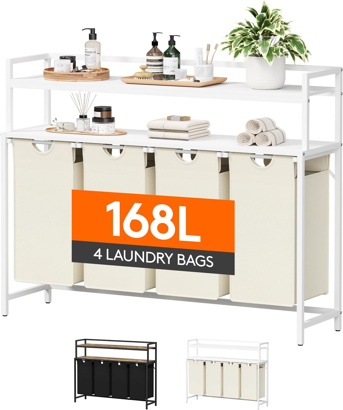 Lifewit Laundry Hamper 4 Section, 168L Pull out Laundry Clothes Basket Organizer with Large Top Shelf and 4 Removable Bags and Handles for Laundry Room Bedroom Bathroom, White with Shelves