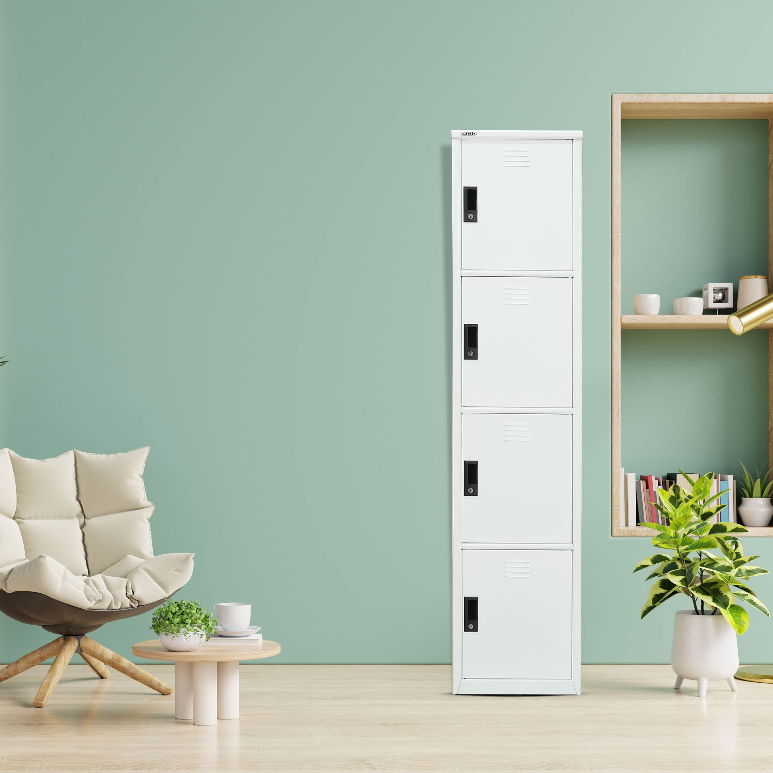 RIGID Four Door Storage Lockers | Steel Metal Cabinet with 2 Shelf Storage | Lockable Doors with Plastic Handle for Home Office School Gym Use (White, 180H x 38W x 46.5D CM), Pre-Assembled