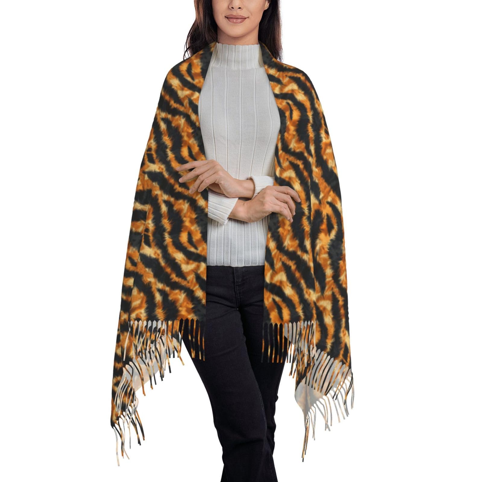 peiyeety Tiger Stripe Women Tassel Scarf Shawl Warm Ladies Fringed Shawls Wraps