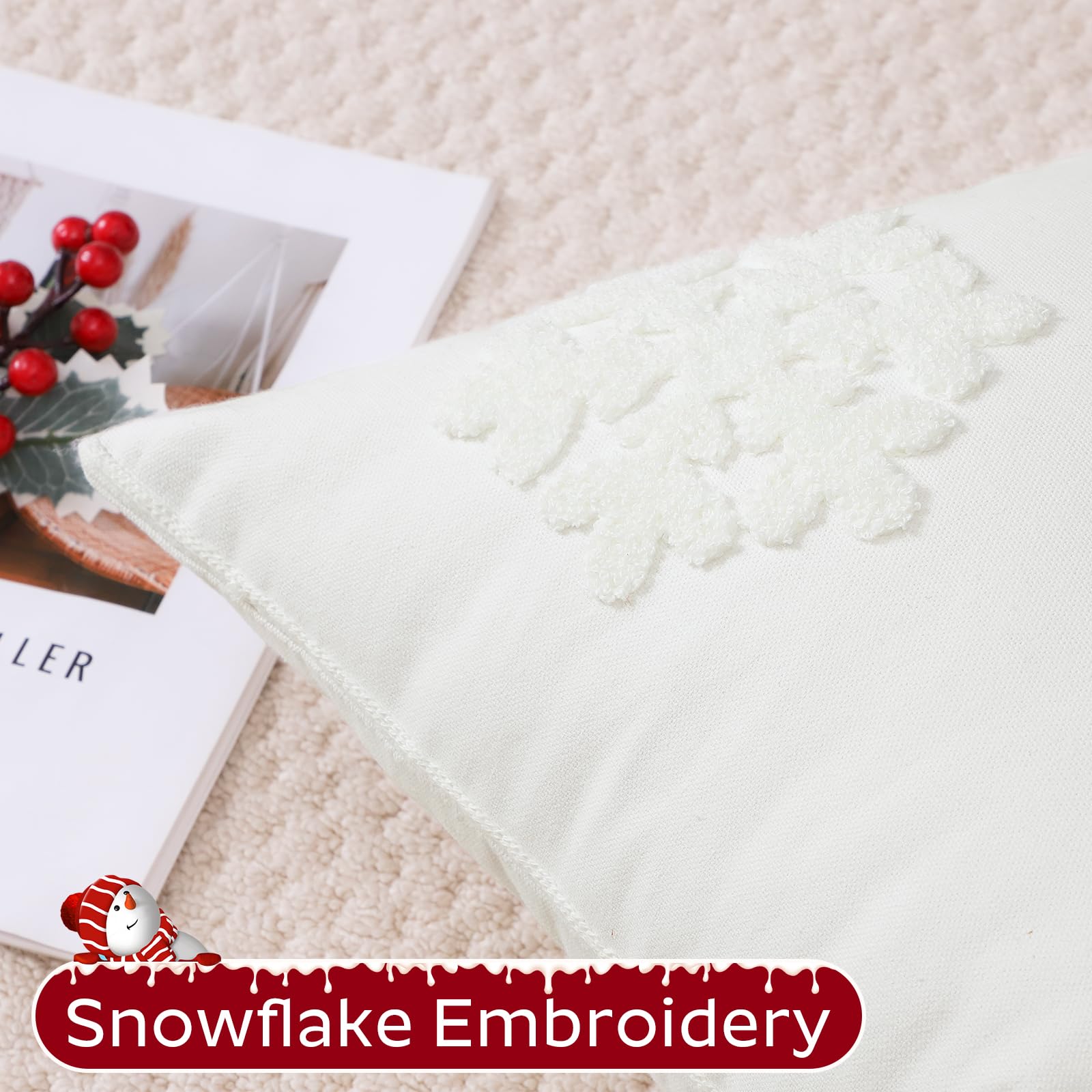 OTOSTAR Confezione da 2 federe decorative natalizie con fiocco di neve, 40,6 x 61 cm, morbide, decorative, per divano, camera da letto, auto (bianco crema)