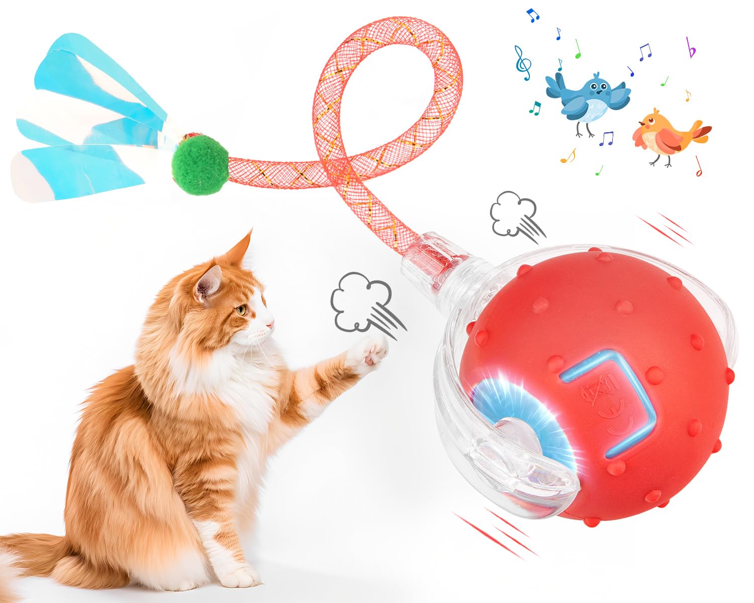 EXTFANS Katzenball Elektrisch mit 2 Schwanzseilen - Elektrischer Katzenspielzeug Ball, Interaktives Katzenspielzeug mit 4 Modi & Vogelstimmen, 360° Powerball & USB-Ladung (Rot, 4 Modes)