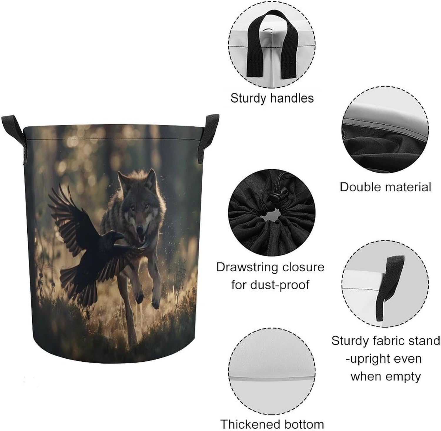 Wolf Wildlife Prints Laundry Basket Dirty Clothes Hamper Storage Laundry Bag with Handles for Dorm Room 44x35cm