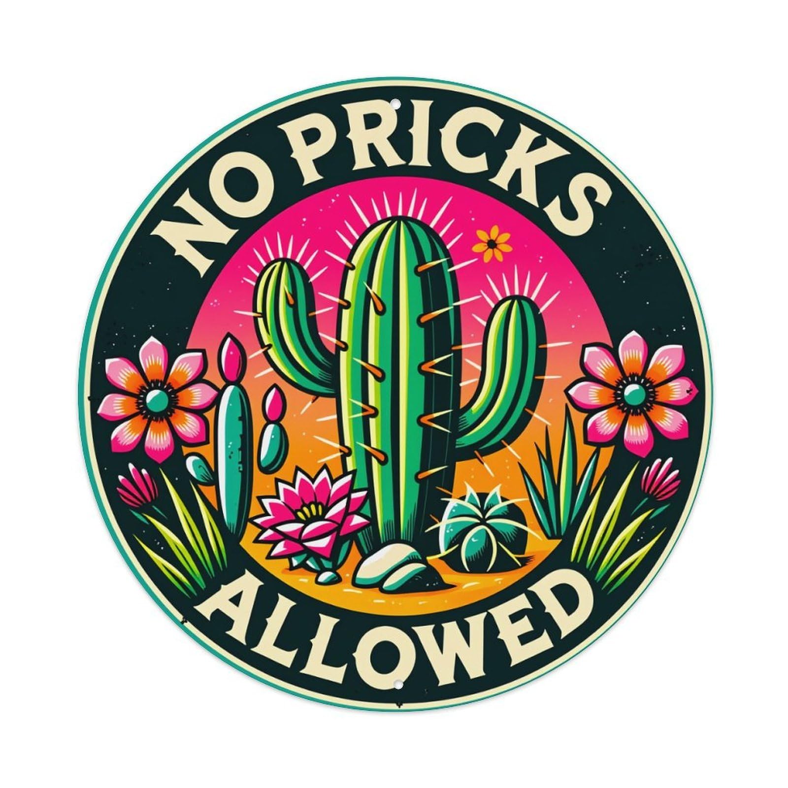 Cactus Flowers Desert Sunburst Colorful Pattern Art Design Round Vintage Tin Sign,Retro Wall Art,Metal Poster for Home, Bar, Garage, Cafe, Rustic Indoor & Outdoor Decor, 8x8 Inches