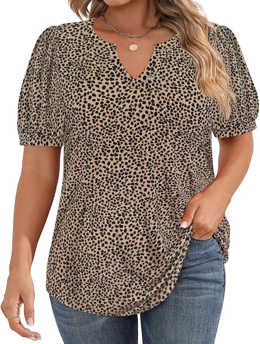 CARCOS Womens Plus Size Tops Puff Short Sleeve V Neck Shirts Solid/Floral Summer Tshirt Casual Blouse Loose fit Tunics XL-5XL