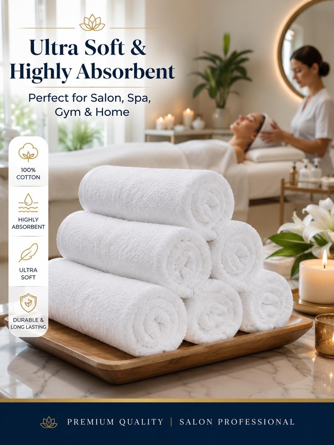 BIOLINEN Salon Towels 24 Pack White 15x25, 100% Cotton Hand Towels for Bathroom, Bleach Resistant Barber Esthetician Spa Gym Towels, Super Absorbent