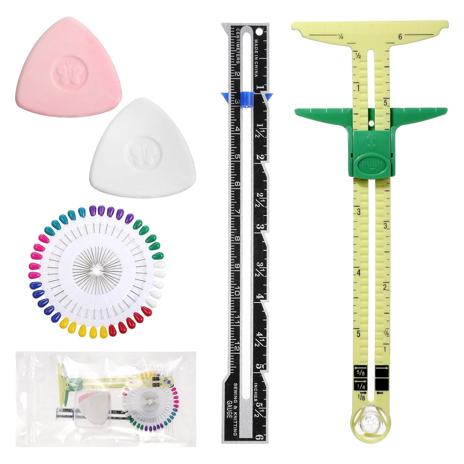 5 Pieces Sewing Gauge Measuring Tool Set 5-in-1 Sliding Gauge Measuring Sewing Ruler Fabric Quilting Ruler T-Shaped Hemming Tool for Quilting Knitting Crafting Beginner Supplies Machine Accessories