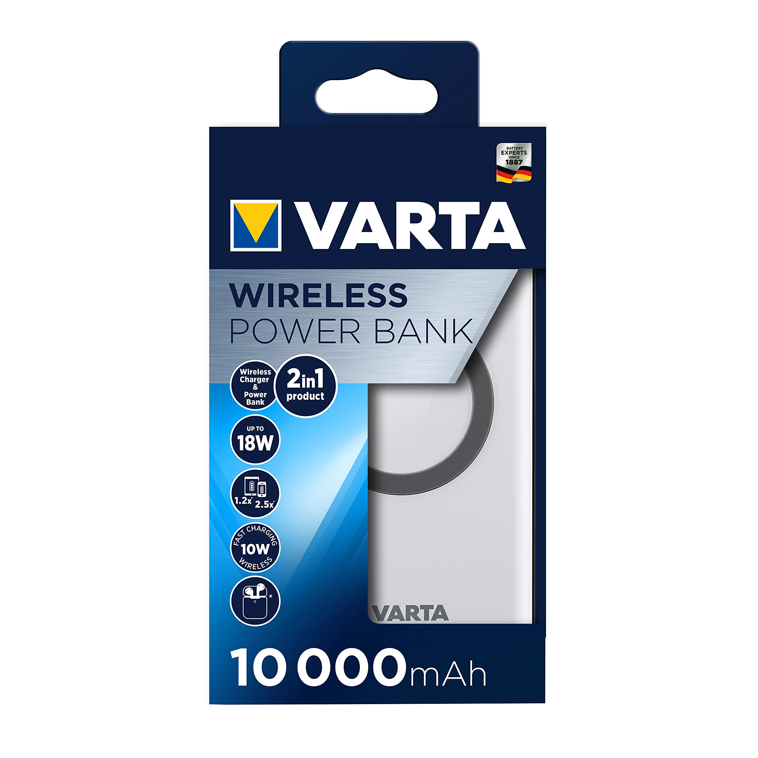 Varta Power Bank Wireless 10000 MAh - 3 Porte USB (Type-C PD, QC 3.0) - Ricarica Rapida 18W - Con Cavo - 2