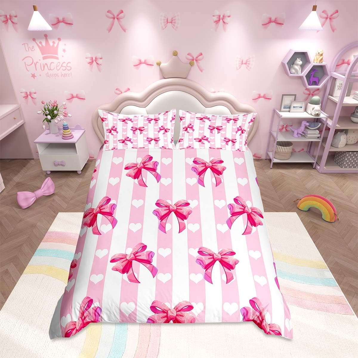 Homemissing Girls Pink Bowknot Duvet Cover Set Cot Size Kids Dreamy Princess Bow Heart Pattern Bedding Set for Women White Pink Geometric Stripes Duvet Cover with 1 Pillowcase Room Decor — image 1