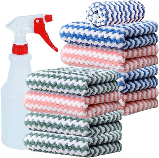 FreeBiz 9pcs Microfibre Cleaning Cloths Coral Super Absorbent Reusable Cleaning Towels for Kitchen Car Window Bathroom with a Gift Plastic Spray Bottles 750 ml 3×(25×25/30×30/30×40cm)