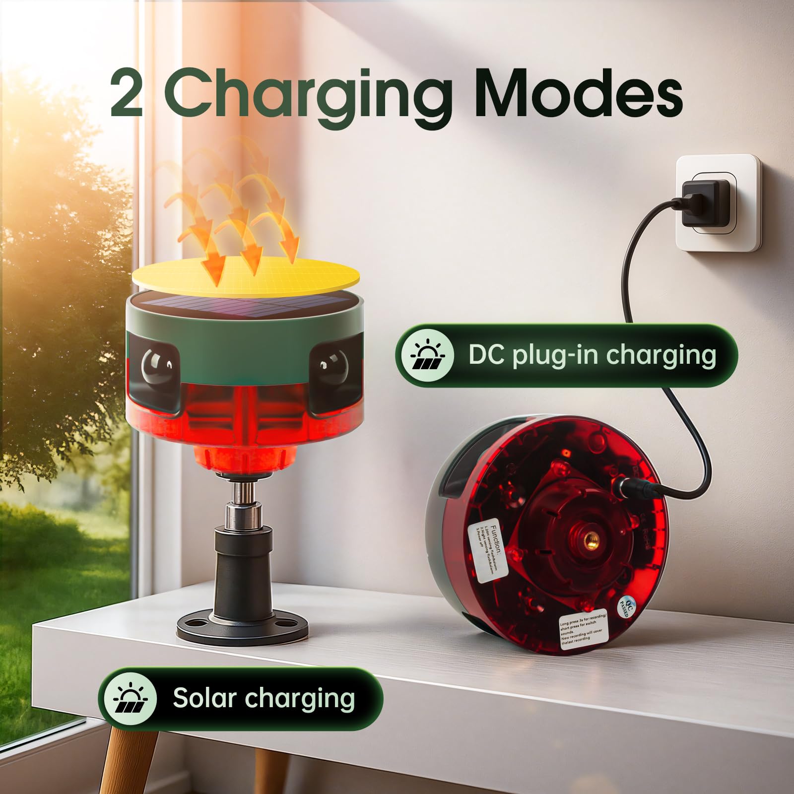 Alarma solar con sensor de movimiento para exteriores, 130 dB de ladridos de perro y sonido de disparo, 13 sonidos, luz estroboscópica, soporta grabación y control de volumen, mantiene a los