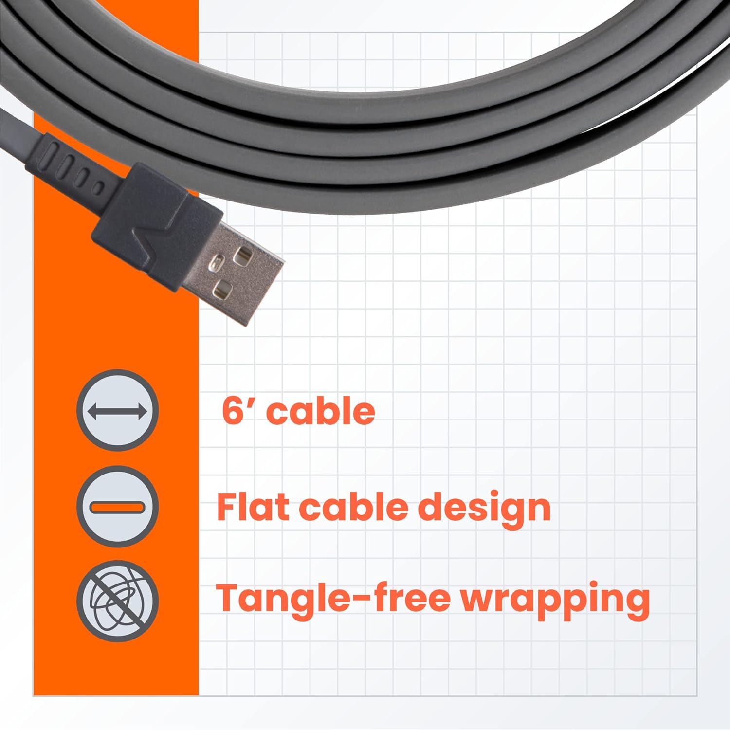 Ventev Flat USB A to Apple Lightning High Speed Tangle-Free 6 Foot Cable