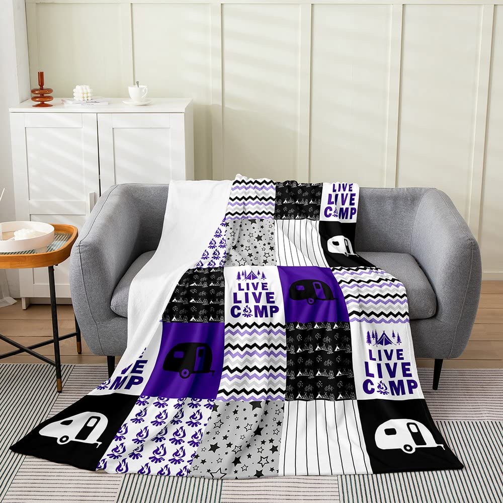 Manta de franela de forro polar para sofá de cama, manta mullida de camping para niños, para todas las estaciones, camping, viajes, coche, color morado, manta de felpa Queen, 90 x 90 pulgadas