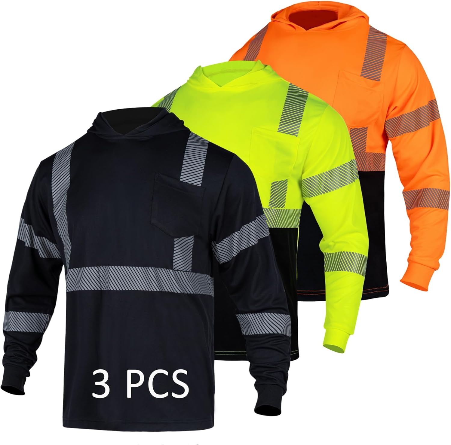 FONIRRA Safety Reflective Shirts for Men High Visibility Long Sleeve ANSI Class 3 Hi Vis Construction Work T Shirts with Hood