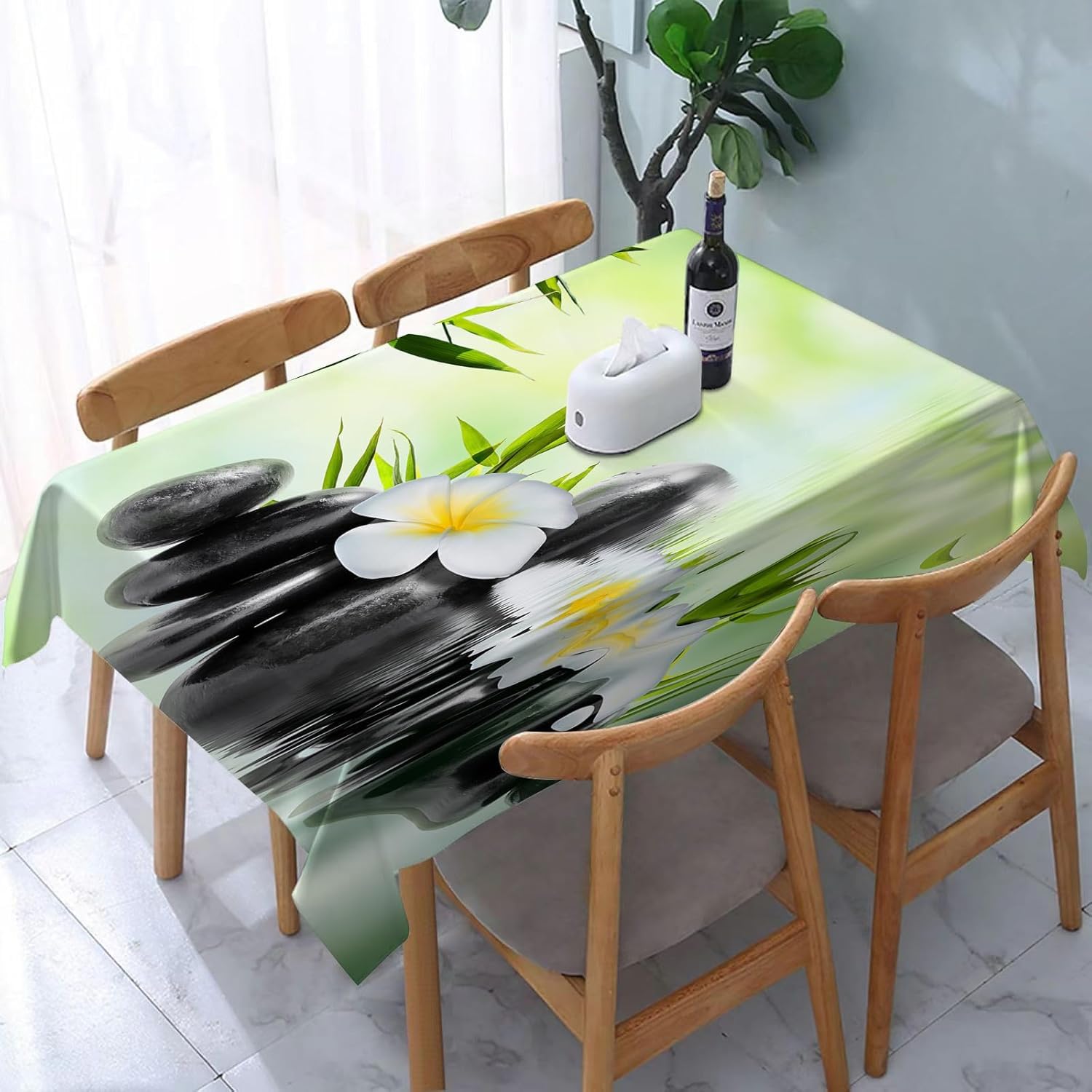 Tovaglia Pietra 300x150 Tovaglia Antimacchia Rettangolare Fiori Bianchi Tovaglie lavabile Verde Copritavolo in Poliestere Impermeabile per Cucina Feste A-7320