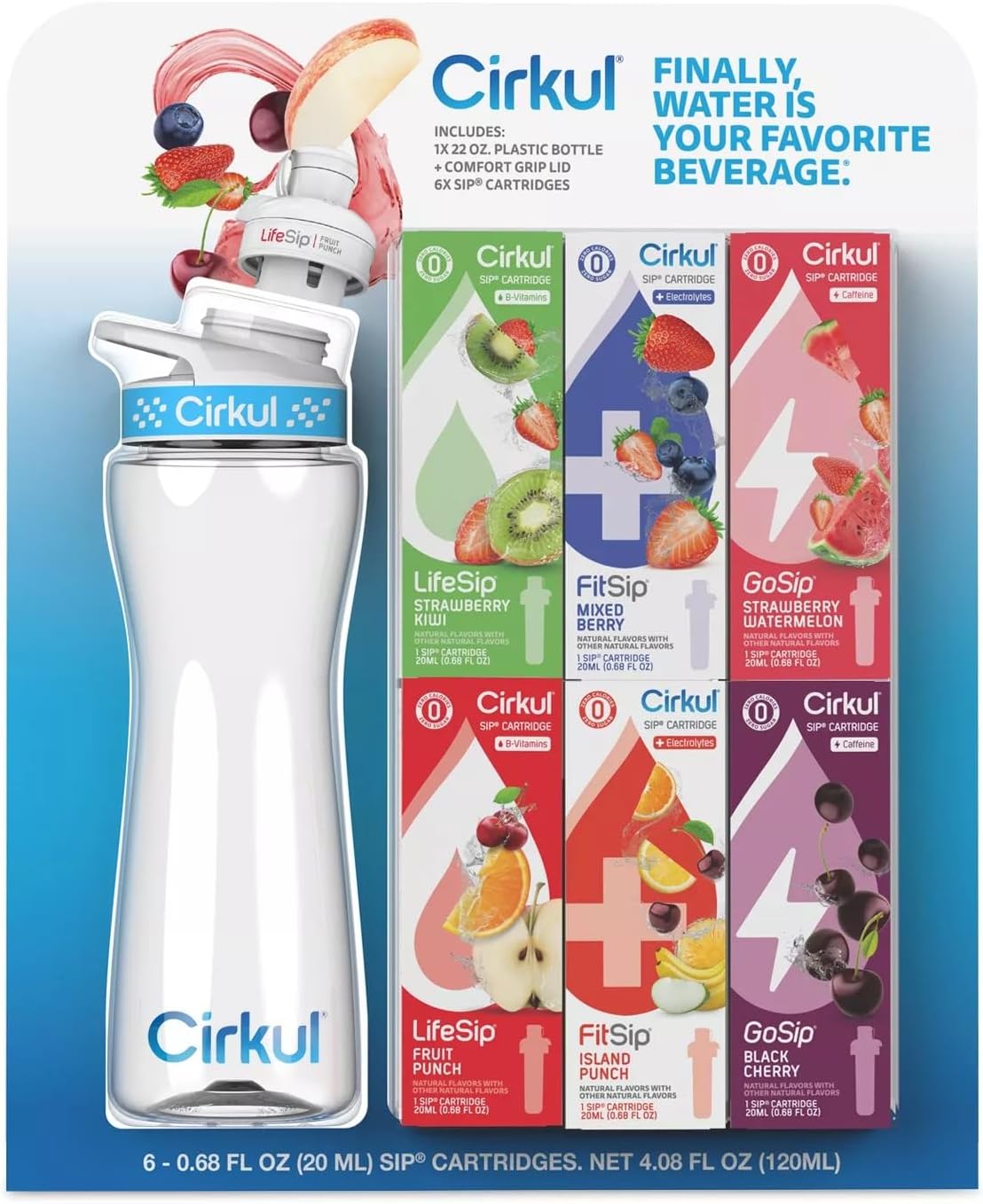 Cirkul 22oz. Plastic Water Bottle Starter Kit With Blue Lid + 6 Flavor