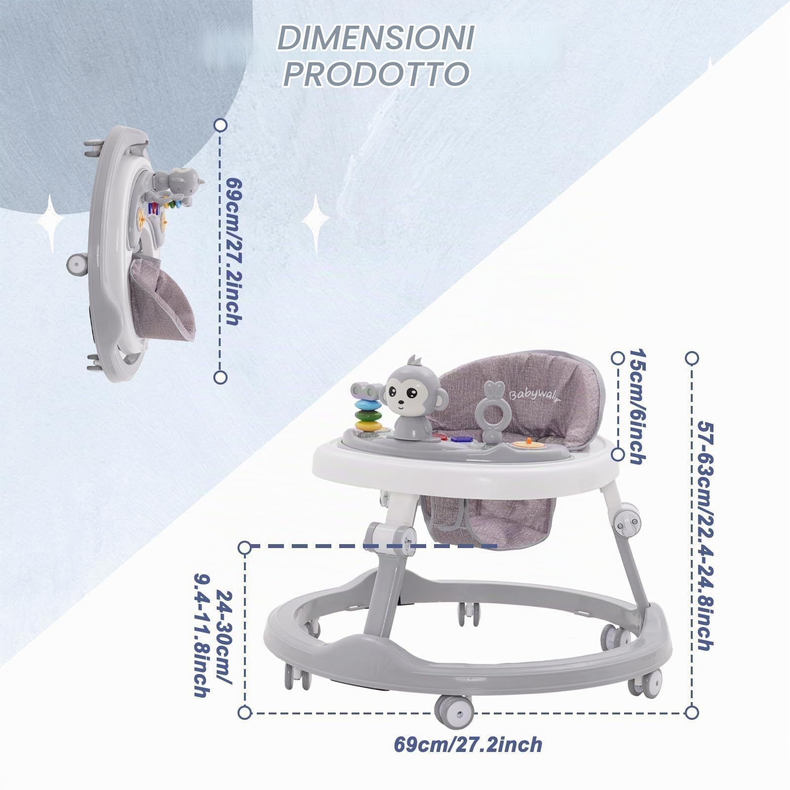 Girello antiribaltamento in plastica didattico Montessori musicale Giocattolo da esterno 4 in 1 Girello Ausilio per camminare in piedi Ragazza Grigio