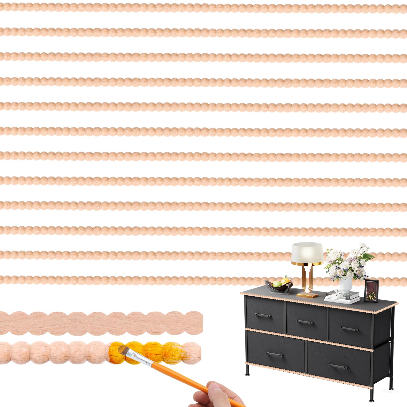 Msiud Decorative Beaded Wood Trim, 12Pcs Bobbin Trim Moulding, Unfinished Solid German Beech, 3D Half Round Wooden Beading for Wall Door Window Shelf Decoration, 14 x 7 x 400mm