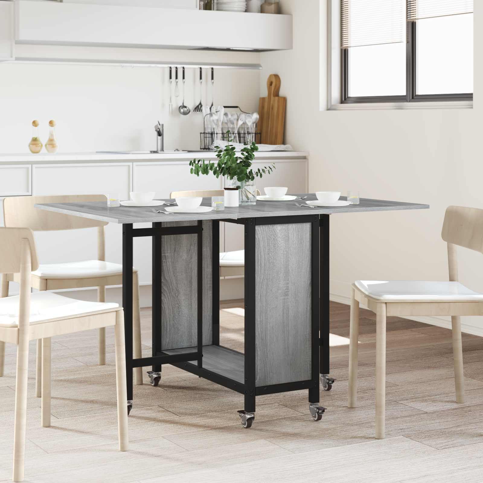 Tavolo da pranzo pieghevole con ruote, 130 x 80 cm, in legno, per cucina, sala da pranzo, ufficio, con vano portaoggetti, superficie resistente all'acqua, regolabile in altezza, stabile