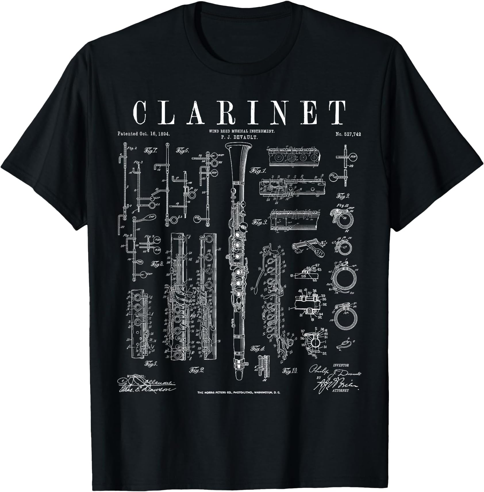 Clarinet Vintage Patent Clarinetist Drawing Print T-Shirt