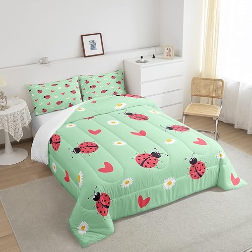 Miniatura 4 de Juego de ropa de cama de mariquita roja, tamaño matrimonial, lindo relleno de edredón de reptil de mariquita de dibujos animados para niños, niñas y