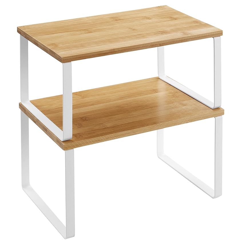 Immagine del prodotto SONGMICS Scaffale Portaspezie, Set di 2 Organizzatori da Cucina Espandibili, Scaffale da Cucina Impilabile, Metallo e Legno Ingegnerizzato, Bianco e Naturale KCS02NW