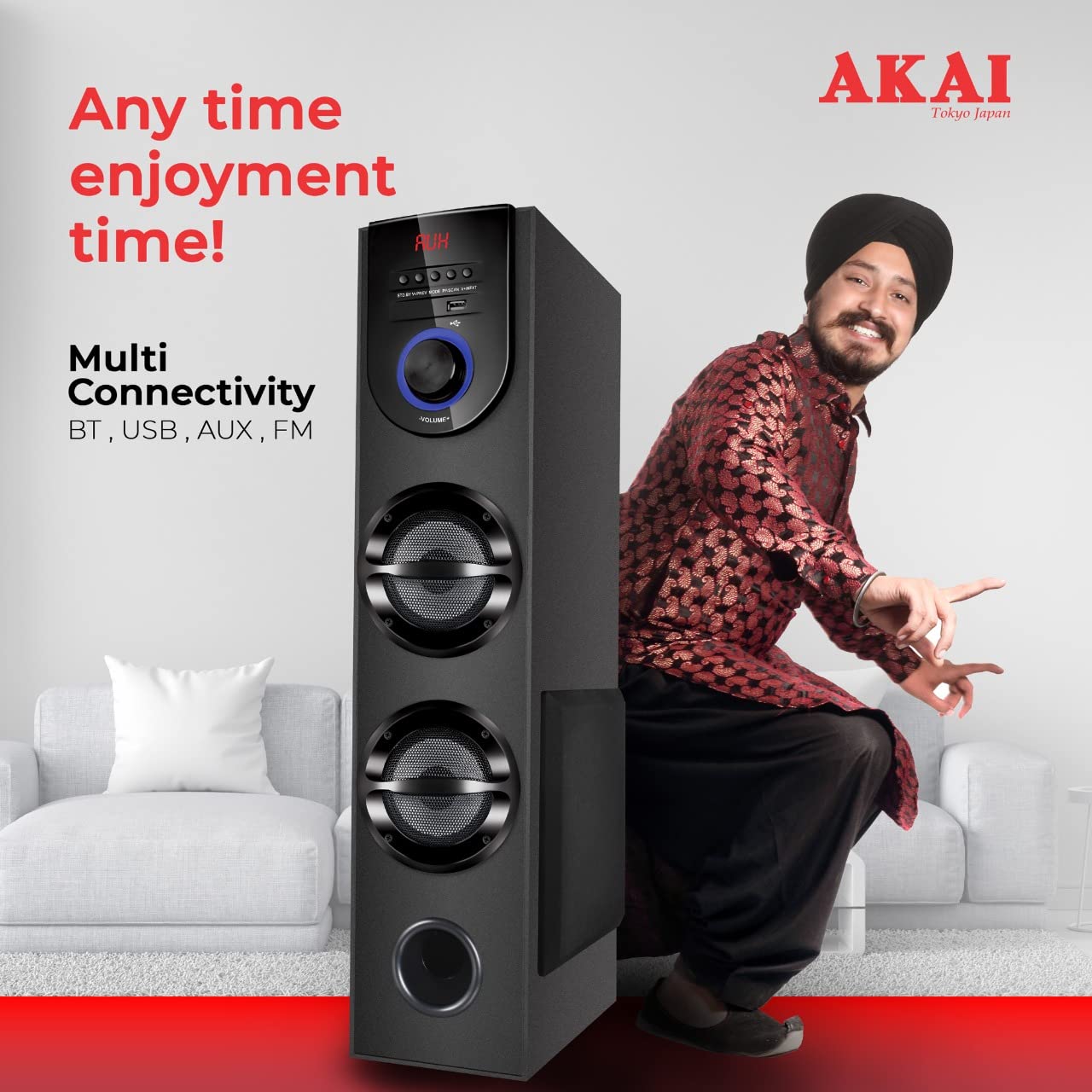 Diagram showing the dimensions of the AKAI Tower Speaker HA-TS60: Height 63.5 cm, Width 14.5 cm, Depth 24 cm.