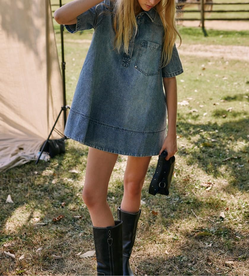 Denim Dress for Women Collared Casual Jean Dresses Short Sleeve Mini Denim Shirt Dress with Pocke 2025 - Image 4