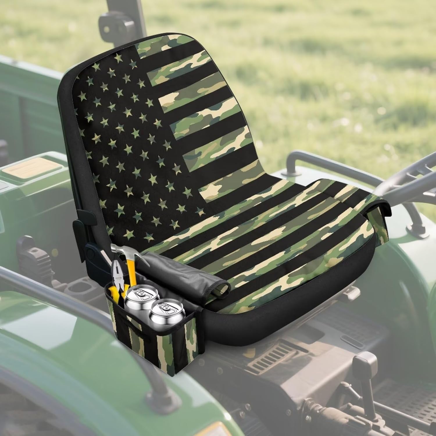 Bulopur American Flag Riding Mower Seat Cover with Drink Pockets All Weather Green Camo Tractor Seat Protective Cover Universal for Cub Cadet Kubota John Deere