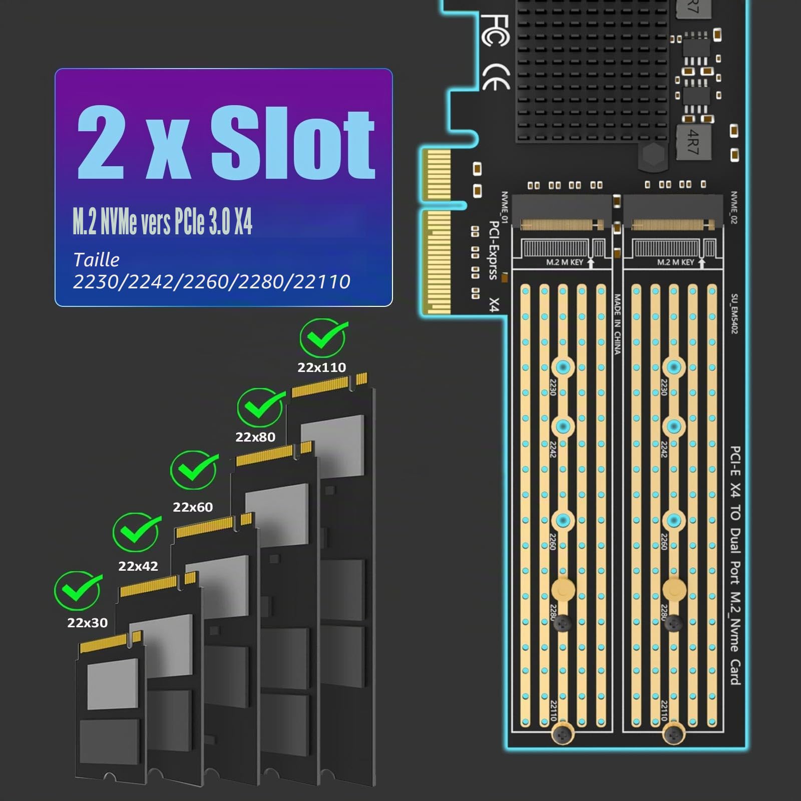 GLOTRENDS PA20 Double Adaptateur M.2 NVMe vers PCIe 3.0 x4 avec Bifurcation PCIe, Configuration Raid M.2 NVMe logicielle Via l'outil OS (Compatible avec Les formats 22110 et 2280)