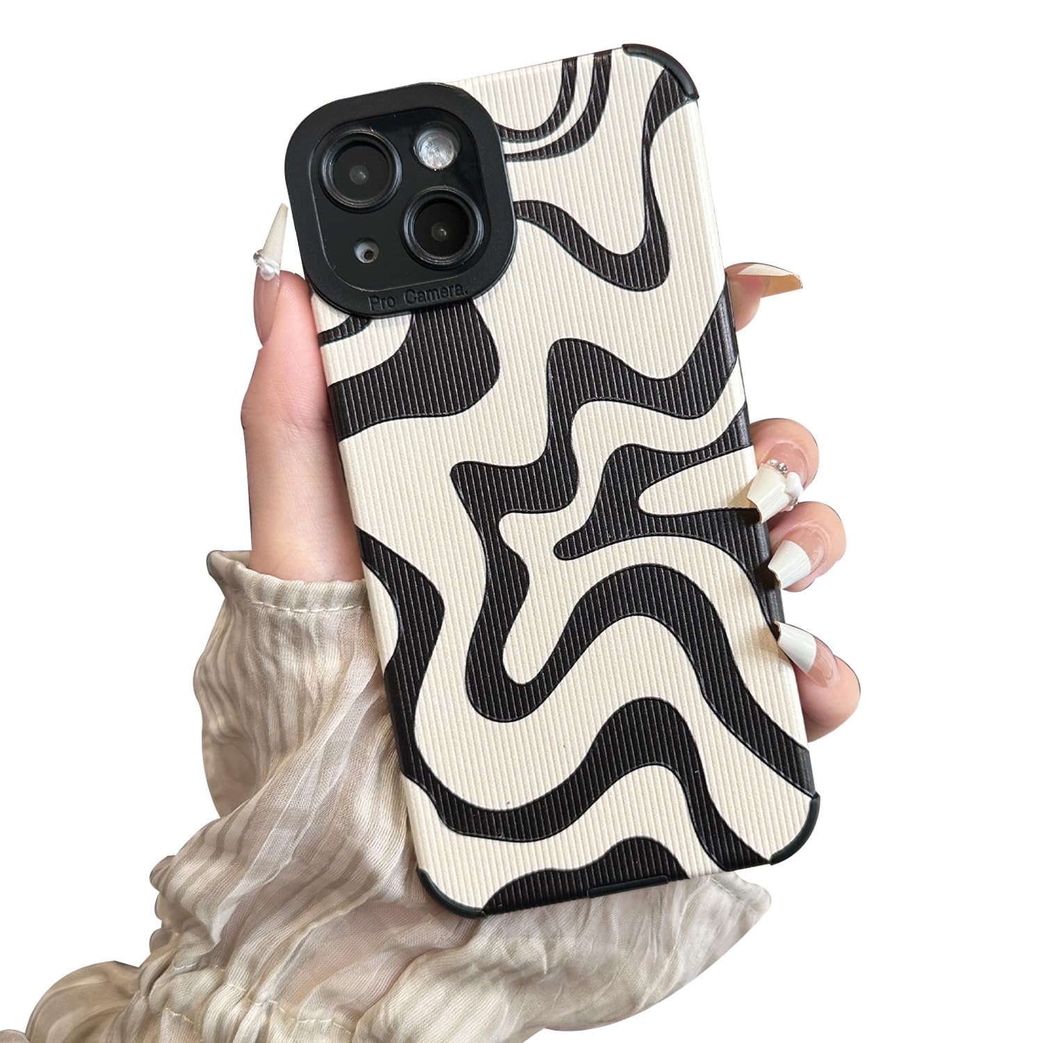 Sayoaho Designed for iPhone 15 Plus Phone Case, Soft PU Leather TPU and Cute Art Wavy Painted for Women Girls, Slim Protective Shockproof Compatible