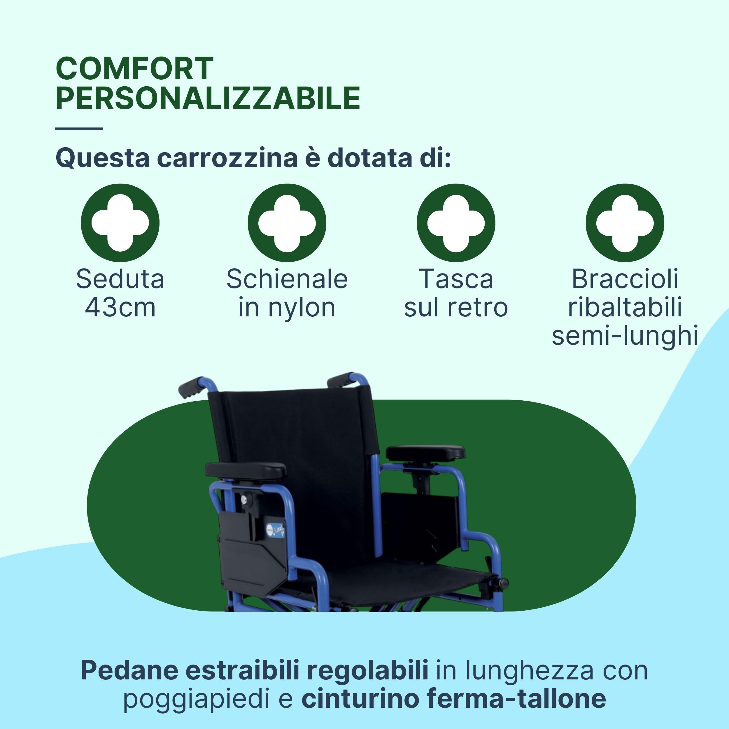 Sedia a Rotelle Pieghevole Leggera da Transito, 43 cm, Blu | Carrozzina per Disabili Predisposta per Autospinta, Crociera Doppia, Ruote a Sgancio Rapido, Braccioli Regolabili in Altezza