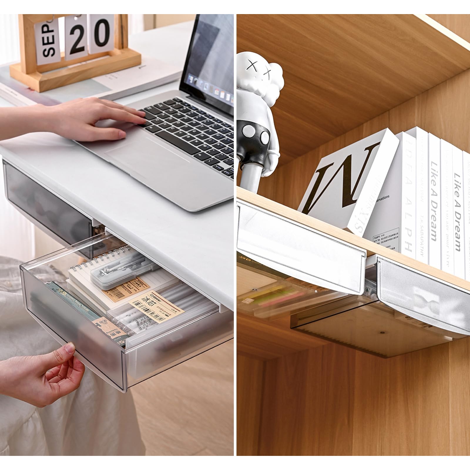 Organizador Cajón Oculto Autoadhesivo 21x18x5,4 cm Blanco Mate para Escuela Oficina Hogar
