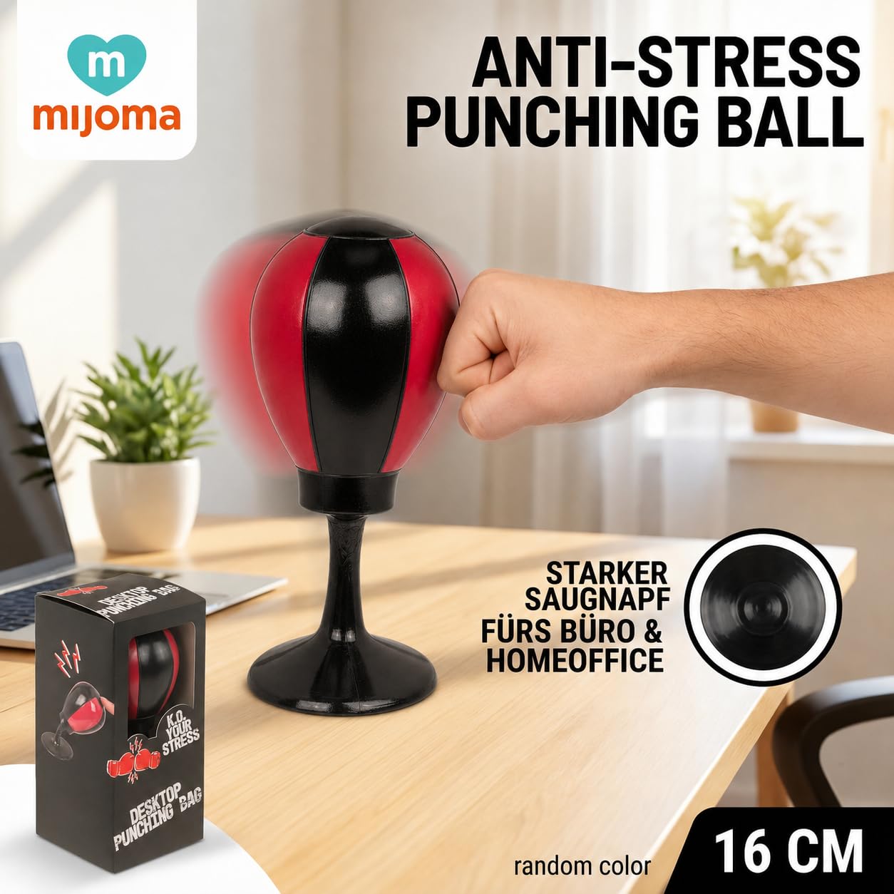 MIJOMA Work Desk Punching Bag 16 cm – Anti-Stress Punching Ball with Suction Cup, Random Color – Fun Stress Relief for Office & Home Office