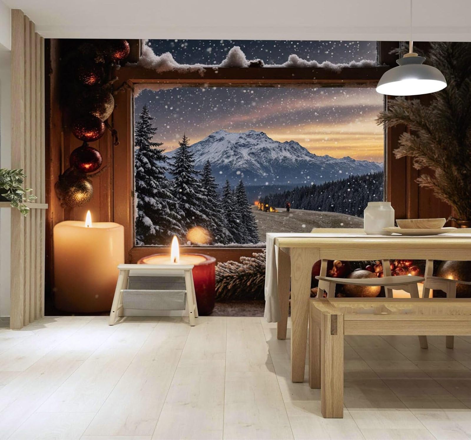 3D Carta da Parati Scena Invernale Accogliente Montagne Innevate Candele