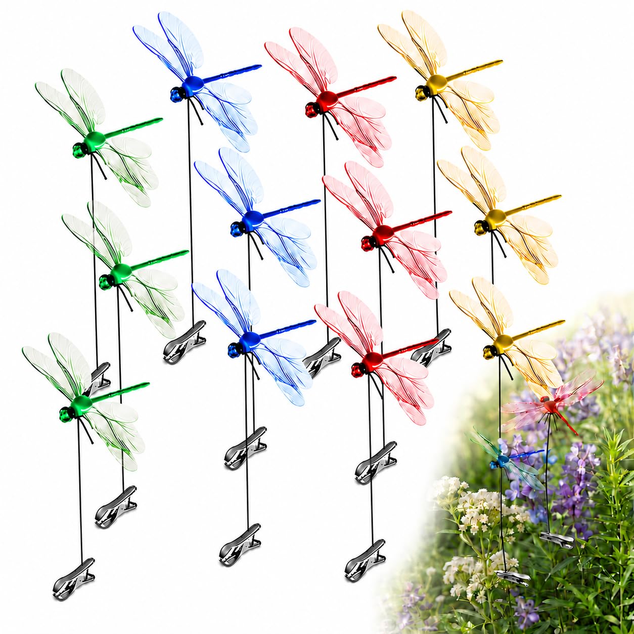 Viilich 12Pcs Dragonfly Clips, 3D Lifelike Dragonfly Garden Stakes with Metal Clip Pole, Outdoor Patio Lawn Yard Decorations, Natural Fly Deterrent Ornaments