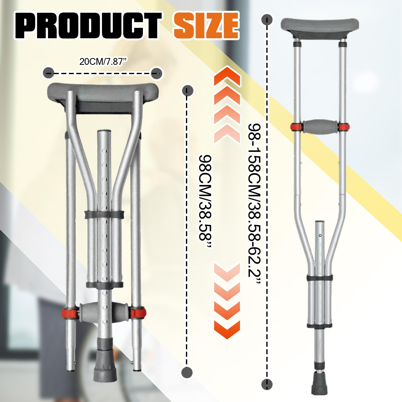Support pour aisselles, réglable en hauteur sur 13 niveaux, charge maximale : 150 kg, hauteur réglable, en aluminium, avec coussinets souples, béquilles médicales, hauteur applicable : 135 à 195 cm