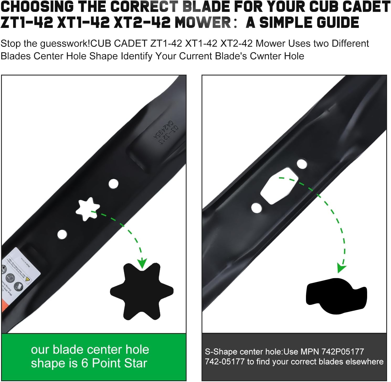 Grasscool 942-04308 Blades for Troy Bilt Bronco Pony Mustang 42 inch Mower with 6 Star Hole for Cub Cadet XT1-42 ZT1-42 42'' Zero Turn Lawn Tractor Replace 942-04308A 942-04312 High Lift