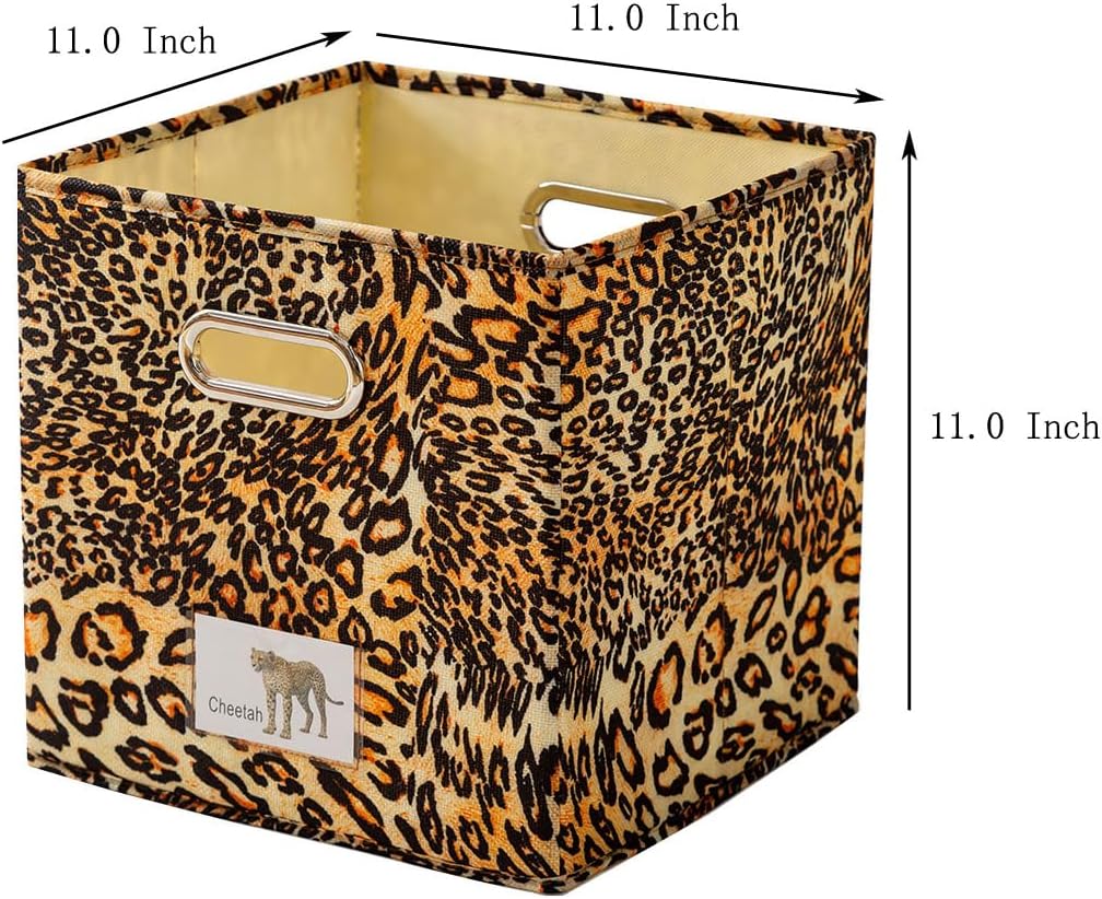 Foldable Animal Leopard [Set of 4] Cube Storage Bins, Collapsible Fabric Organizer Container Boxes w/ Handles – 11 x 11 x 11 Inches