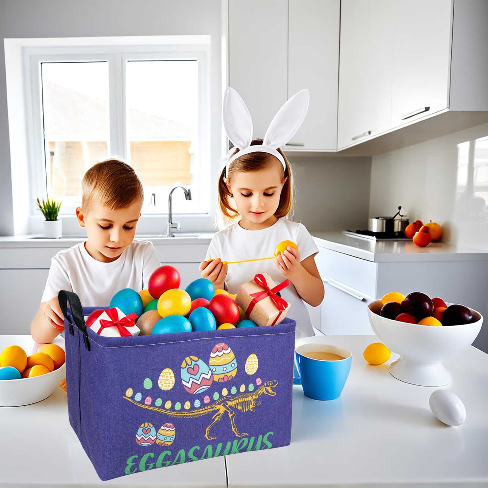ASKETAM Dinosaur Easter Basket for Kid Large Empty Baby Rectangular Cute Easter Gift Bunny Eggs Décor Storage Basket (Skeleton Dinosaur)