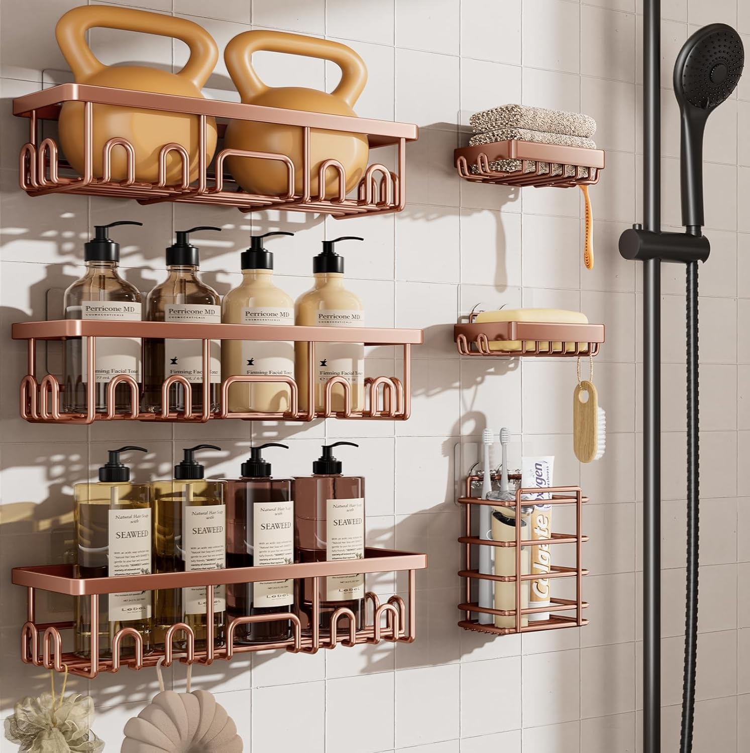 veken shower caddy 6-pack, no drilling & rustproof, waterproof adhesive shelves rack with soap holder, large capacity bathroom organizers and storage, wall-mounted kitchen & home decor, rose gold