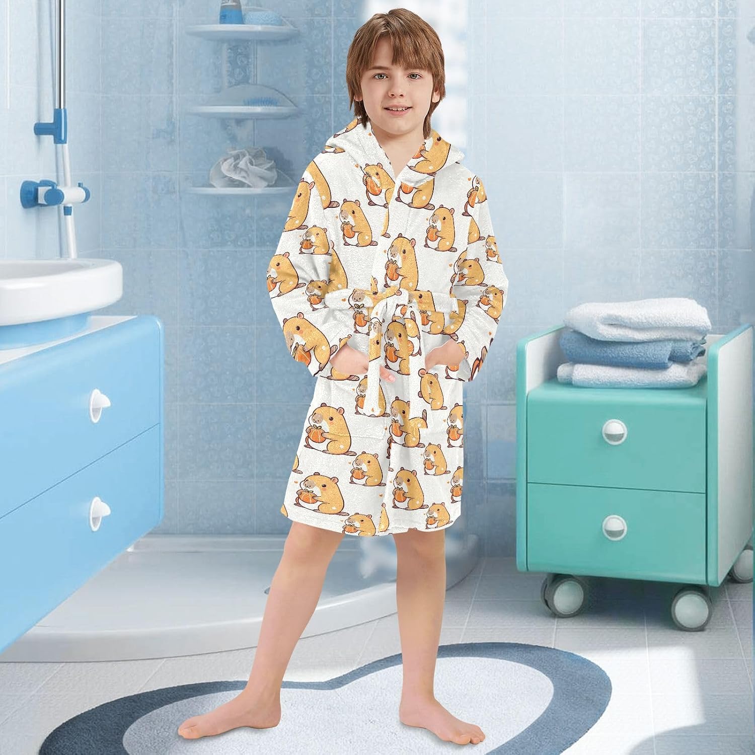 senya Beaver Eat Orange Toddler Hooded Bathrobe Kids Soft Plush Bath Towel Robes for Boys Girls 2-12 Years