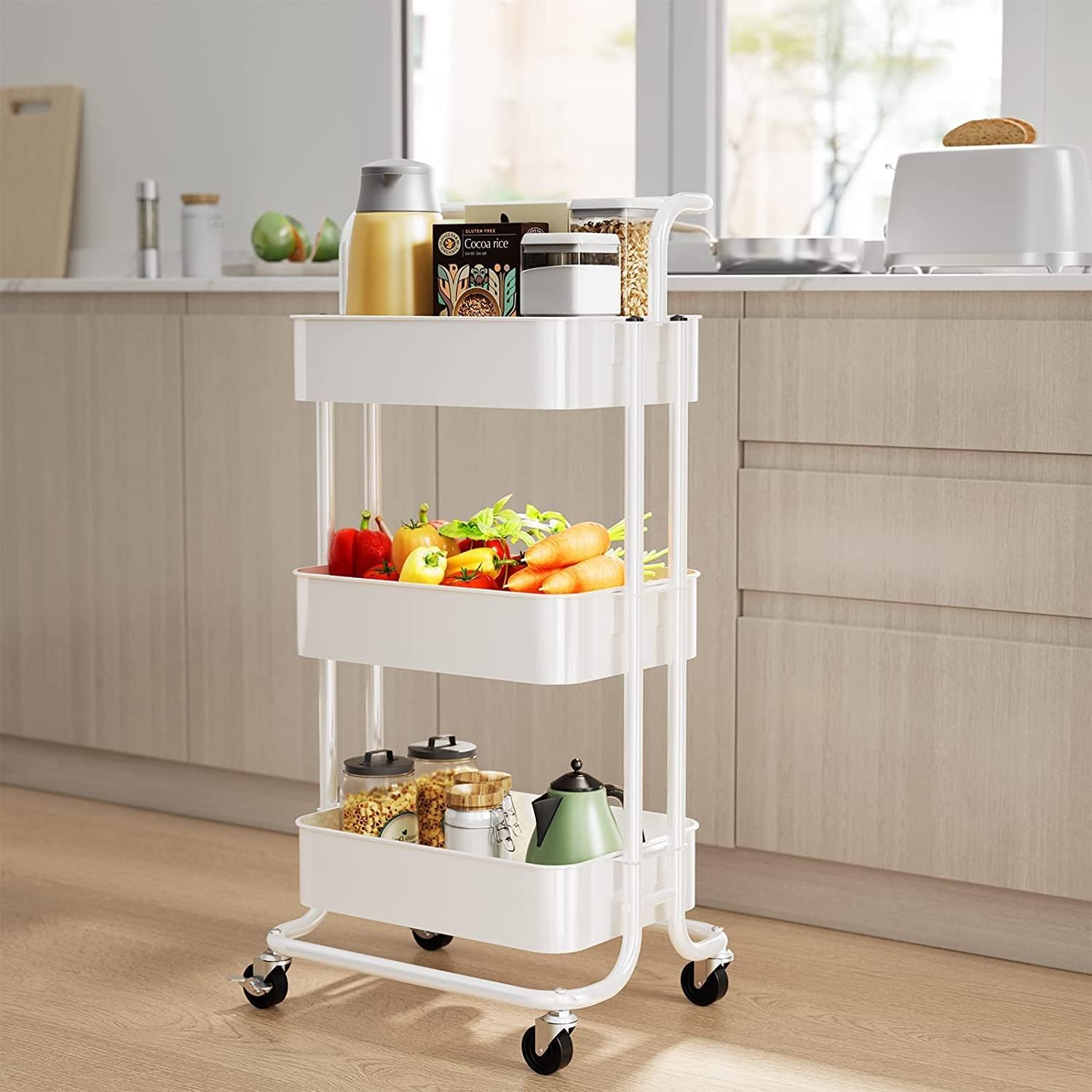 Carrello multiuso a 3 livelli in metallo con maniglia, carrello portaoggetti multifunzionale, per ufficio, soggiorno, cucina, carrelli mobili con ruote (C-bianco)