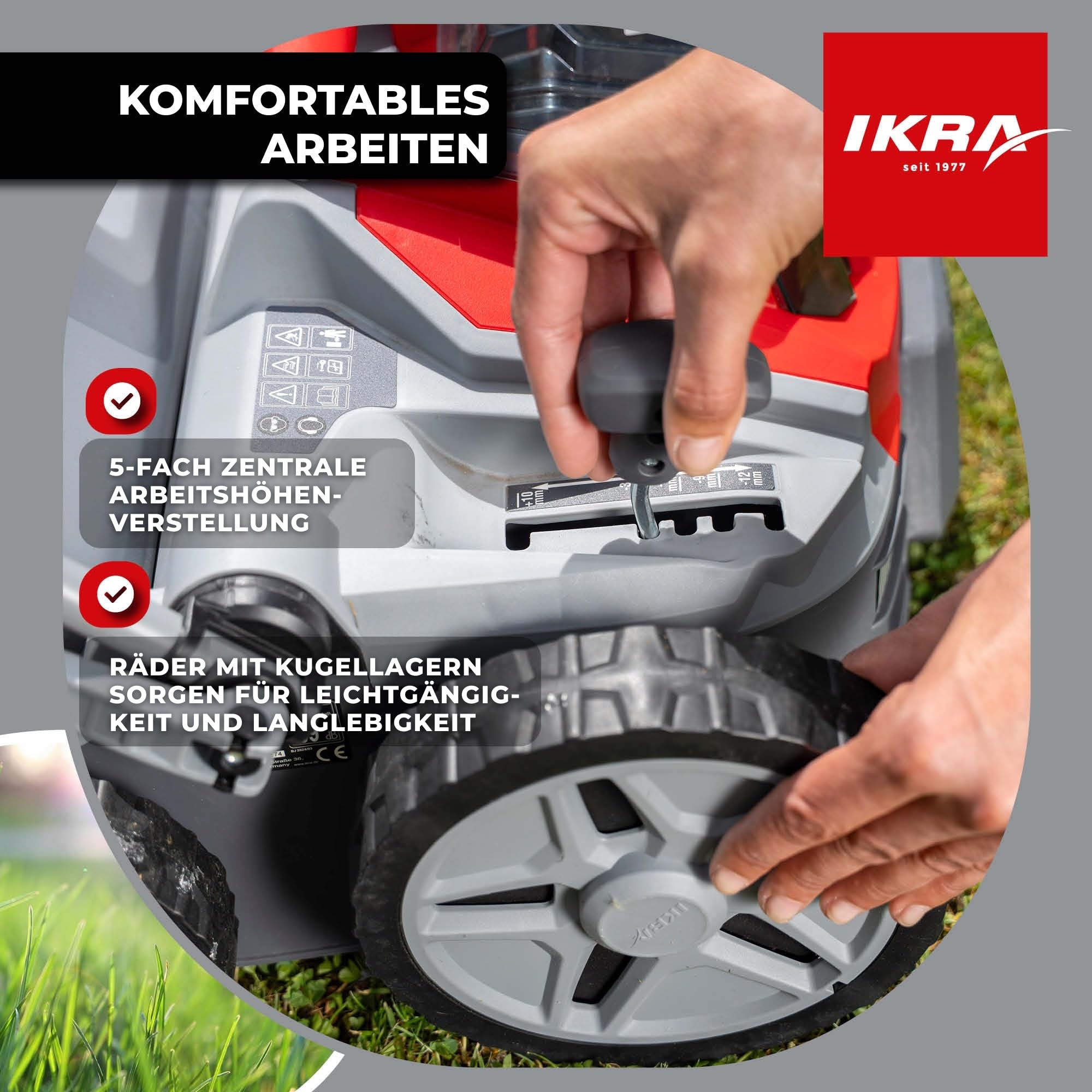 IKRA 3in1 Vertikutierer Rasenlüfter IB-SR 36, ohne 36V Akku & Ladegerät | Kompatibel mit Bosch, Fangkorb 45l, Arbeitsbreite 36cm, Tiefe -12 bis +10mm, 2-fach höhenverstellbarer Griff, klappbarer Holm