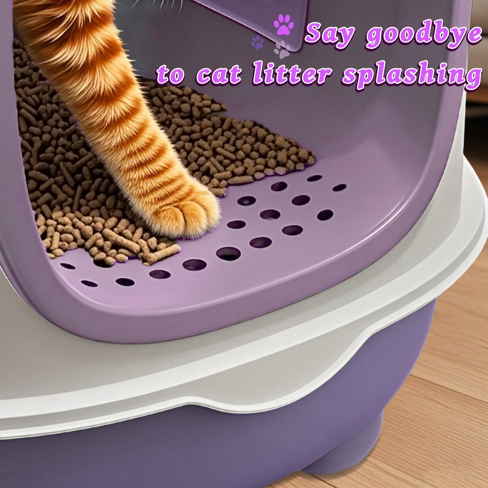 Large Cat Litter Box with Cat Litter Scoop, Foldable Litter Box with Lid, Front Entry and Exit Leak-Proof Litter Cat Box, Odor Control, Easy to Clean (Purple)