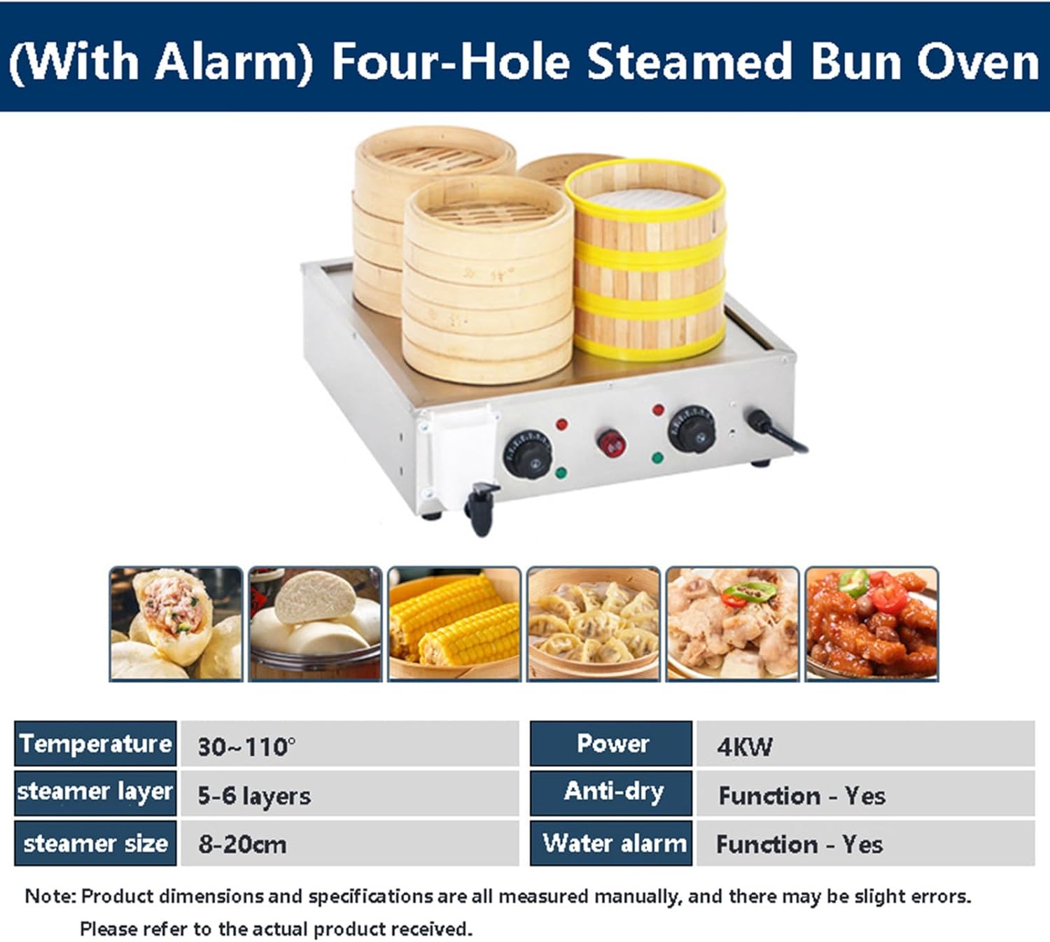 Commercial Four-Hole Food Steamer, Electric Hot Food Warmer 30-110℃ Temper, Stainless Steel Steamed Bun Machine for Restaurant/Store/Home