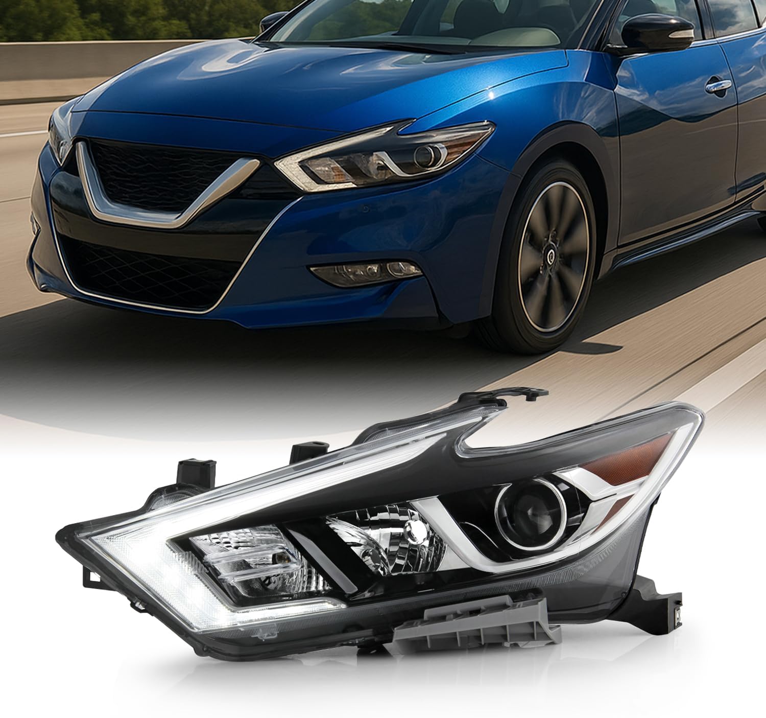 AKKON - Fits 2016-2018 Maxima S | SL | SV [Halogen Type] DRL LED Running Turn Signal Chrome Headlights Pair Driver + Passenger