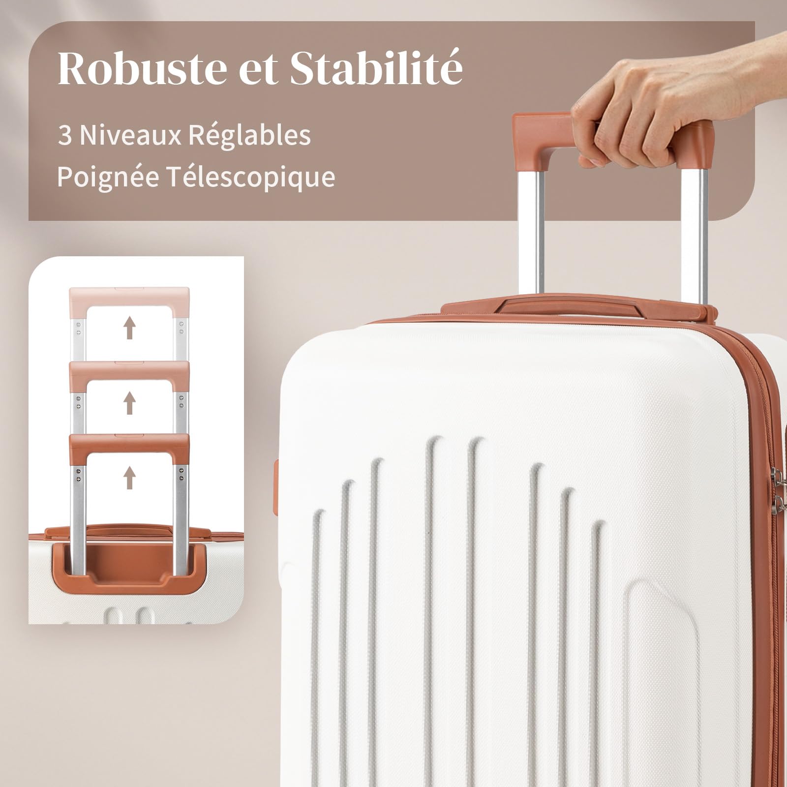 LEADZM Set de 4 Valises de Voyage, Valise Grande Taille & Cabine, Valise Soute Ridide en ABS, Bagages Cabine avec roulettes Pivotantes 360° et Cadenas (Beige-Brun)