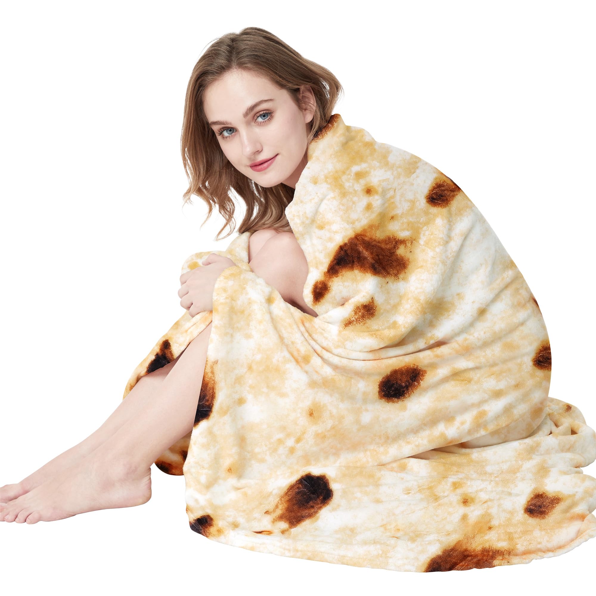 LetsFunny Burrito Tortilla Throw Blanket, 71in Double Sided Burritos Taco Tortilla Wrap Blankets for Adults Kids, Giant Funny Realistic Food Blankets,